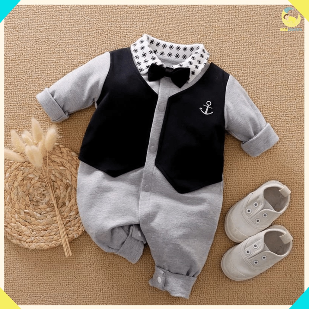 Baju bayi import bahan katun 100% tebal dan halus motif tuxedo jangkar dalaman abu jumpsuit bayi jumper anak jumper bayi laki laki