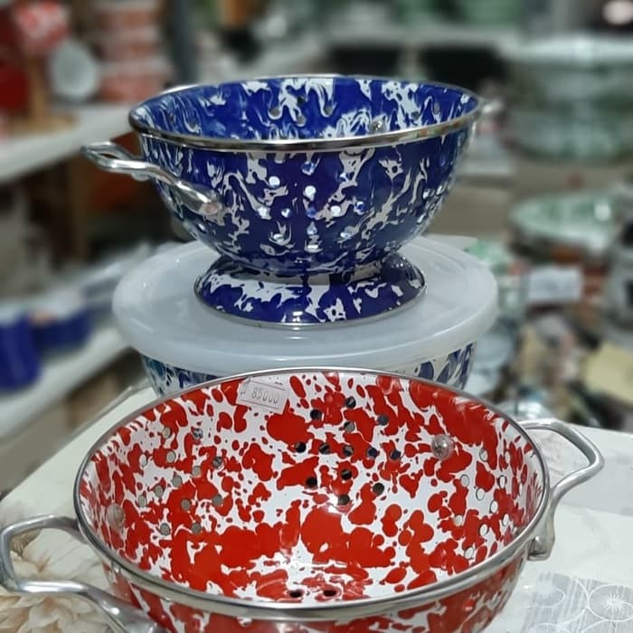 TEMPAT NASI BAKUL WAKUL ENAMEL BLIRIK BLURIK LURIK LORENG BIRU JADOEL 16cm
