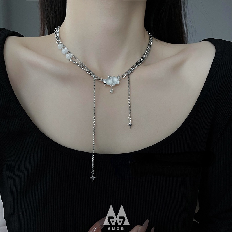 Kalung Rantai Tulang Leher Model double layer Aksen Berlian Bentuk Tetesan Air Untuk Wanita