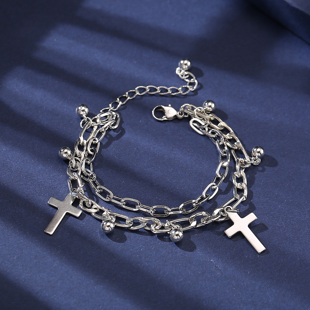 Gelang Multilayer Desain Beruang Salib Hati Warna Silver Gaya Korea Untuk Pasangan