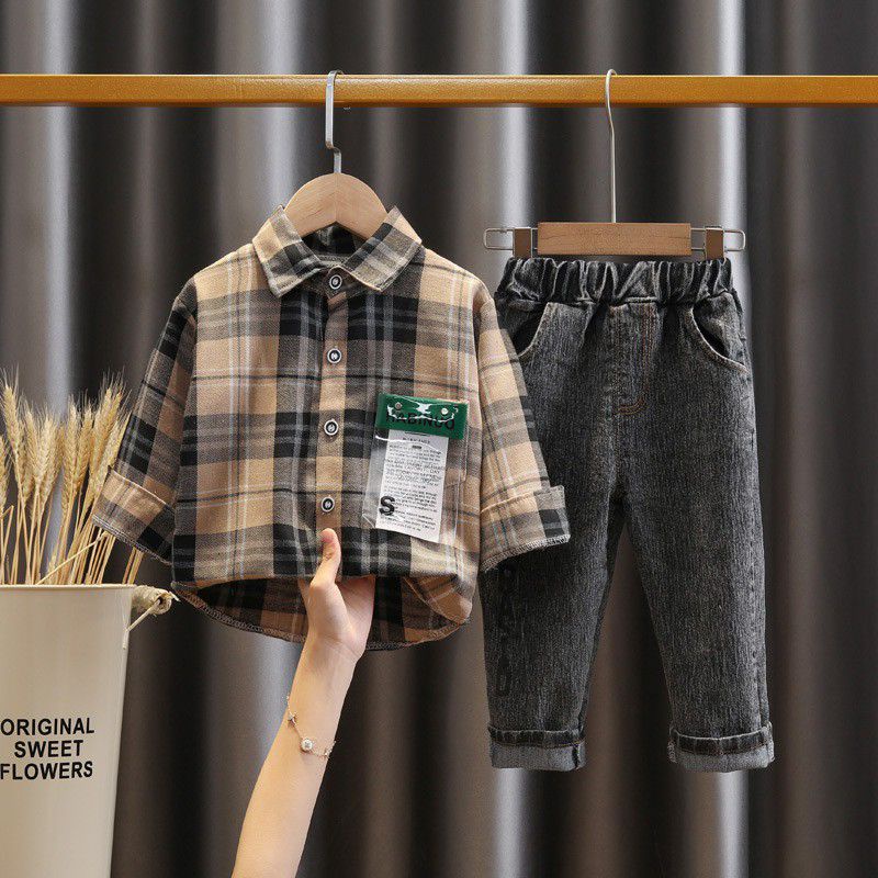 setelan kemeja bayi anak laki laki import fashion korea china grosir anak cowok baju celana panjang