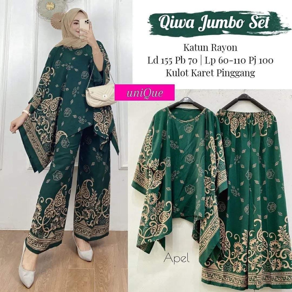 Qiwa Jumbo Set - One Set Jumbo Wanita Rayon Premium Setelan Celana Kulot Jumbo Batik Kekinian