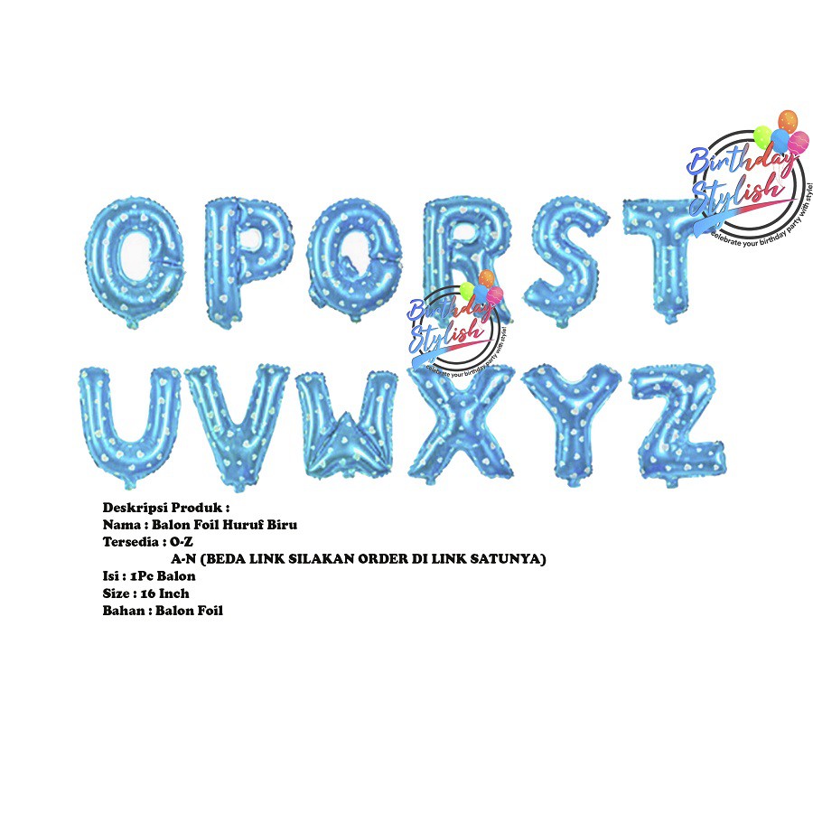 Balon Huruf Biru Foil O-Z/ Balon Huruf Abjad Biru/ Balon Ulang Tahun Abjad O-Z