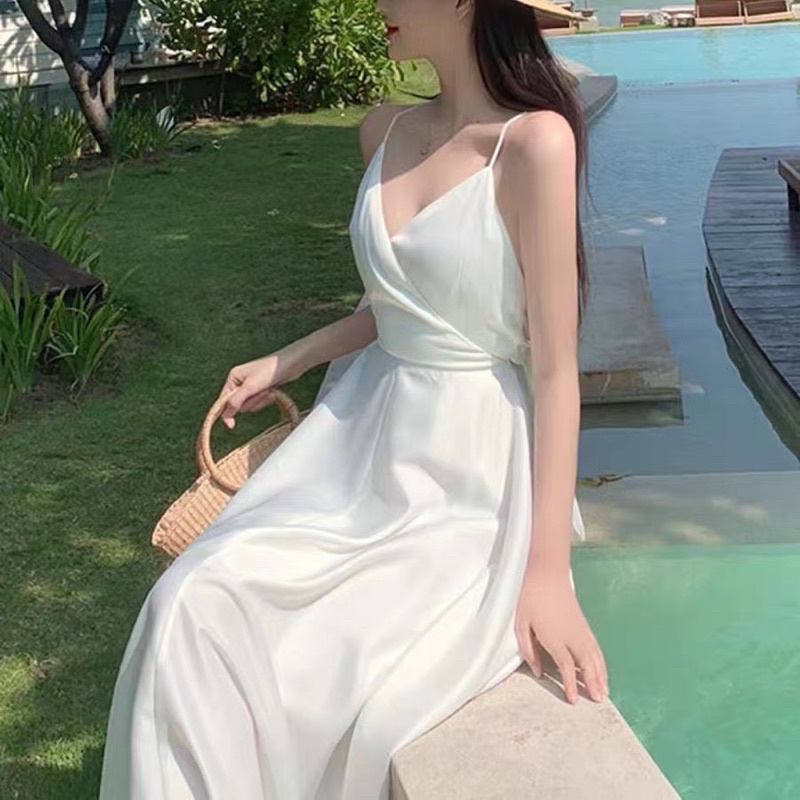 H7 D23/22 White dress pantai back less v neck / midi dress A line / sexy dress