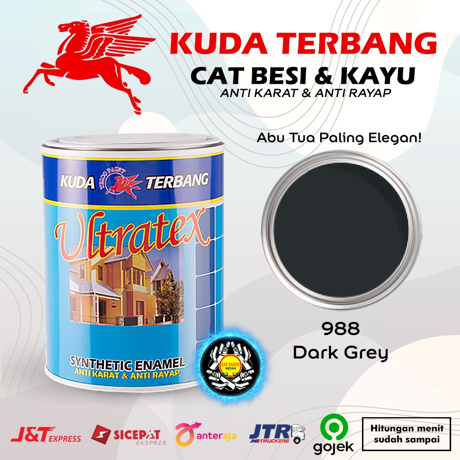 CAT MINYAK CAT KAYU DAN BESI KUDA TERBANG ULTRATEX 1 KG WARNA 988 DARK GREY ABU ABU TUA GRAY 1KG CAT KUSEN PINTU SYNTHETIC ENAMEL ANTI KARAT ANTI RAYAP TERMURAH DI MEDAN BINJAI