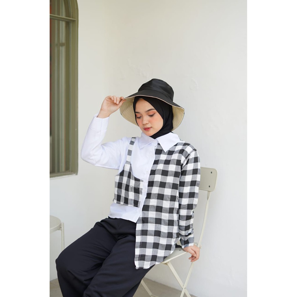 Chess Playfull Assymetrical Blouse Top / Kemeja Wanita Chess Rubi Kotak Tartan