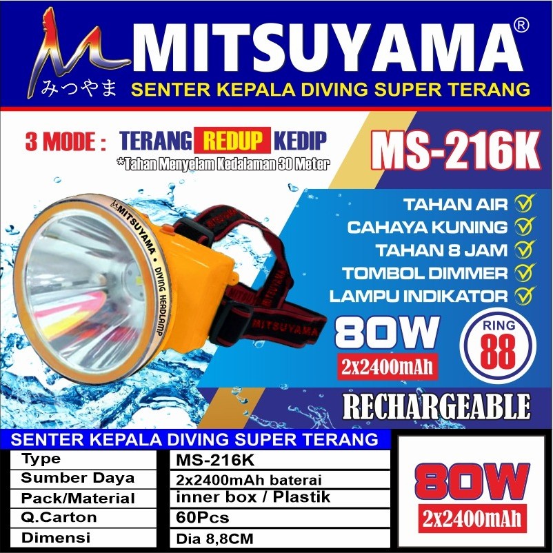 COD Senter Kepala Mitsuyama MS-216K 80W Cahaya Kuning//SENTER KEPALA SELAM//SENTER KEPALA DIVING MITSUYAMA 80 WATT MS-216K CAHAYA KUNING SUPER TERANG