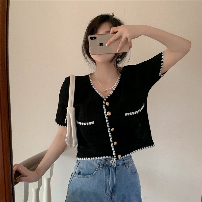 [2 Warna] Versi Korea Fashion Retro V-neck Hitam Rajutan Cardigan Crop Atasan Lengan Pendek untuk Wanita