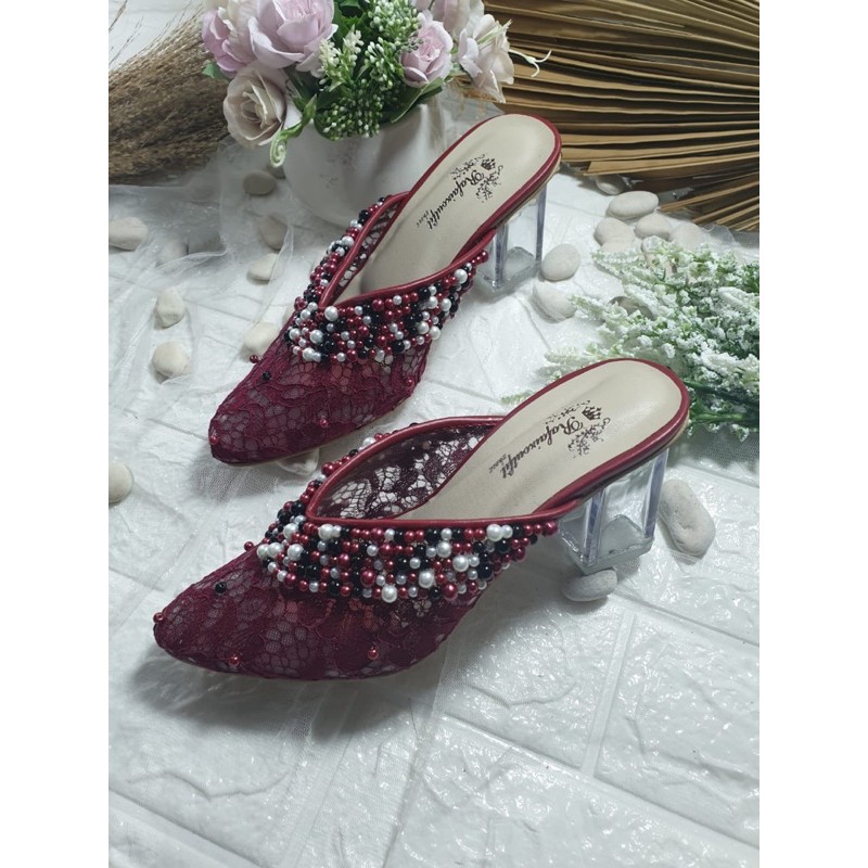 sepatu yarra merah Maroon tinggi 7cm kaca