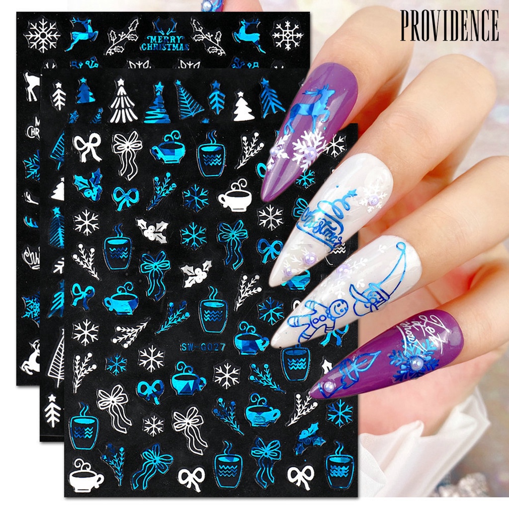 Providence Stiker Kuku Motif Snowflake / Pohon Natal Bahan PVC Anti Air Untuk Dekorasi Nail Art / Manicure DIY