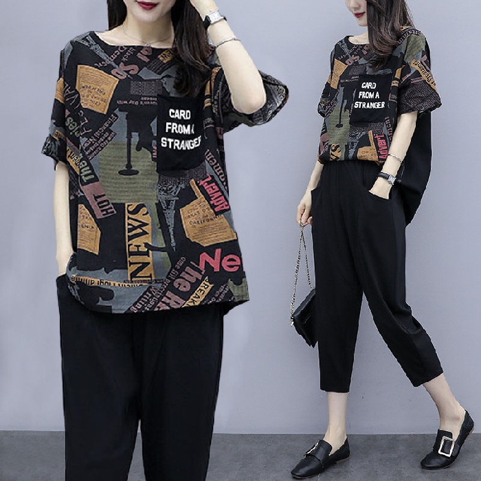 Stok bersih!【Bisa COD】Baju Kaos Dan Celana Setelan Wanita L-5XL Fashion Bunga Longgar Lengan Pendek T-Shirt Kaos+ 3/4 Celana Panjang Katun Women Set