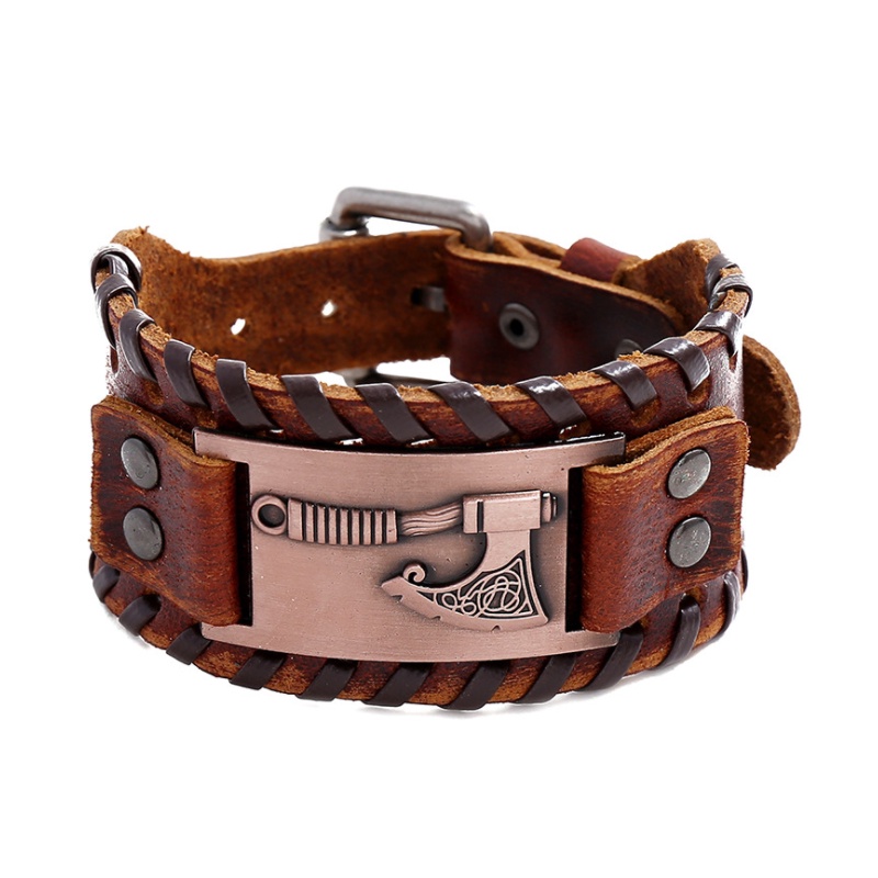 Gelang Kulit Kepang Desain Totem Viking Giant Ax Gaya Punk Untuk Pria