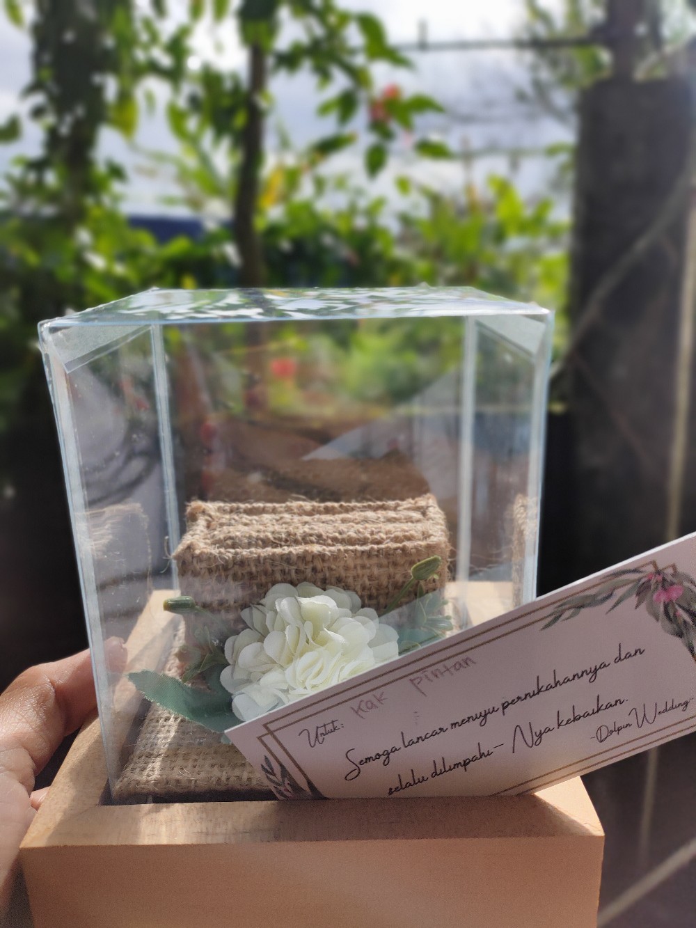 Tempat Cincin Kayu Rustic Bunga Tutup Mika - Kcr