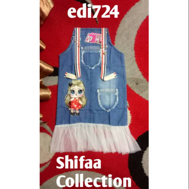 Baju Jeans Kodok Over All  Boneka LED Bahan Soft Jeans 6 Ons (Ukuran 4 - Anak)