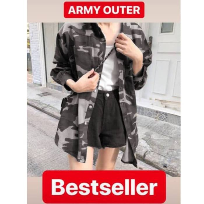 MWM          Baju Wanita  -  Kemeja Outer Army Hijau Loreng