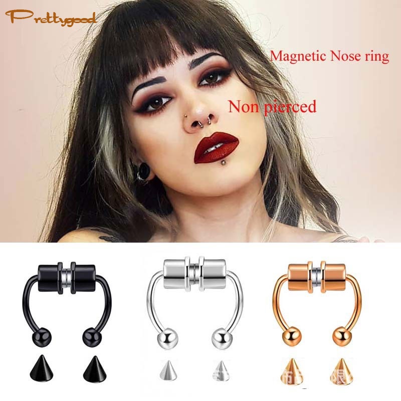 1 Pc Cincin Tindik Hidung Palsu Bentuk U Bahan Stainless Steel Magnet Gaya Punk Rock -PD