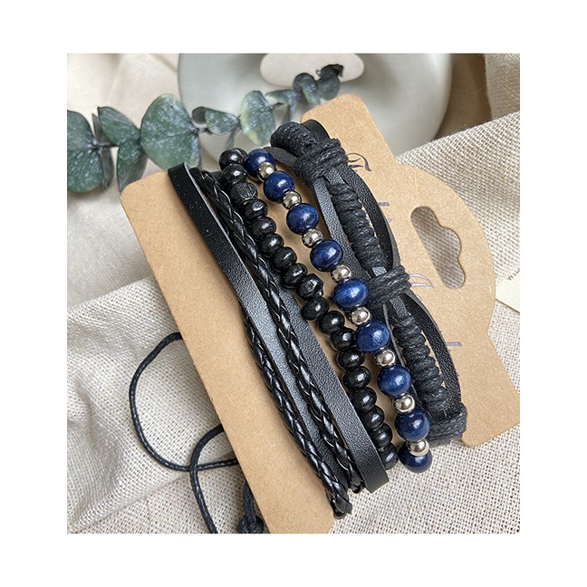 LRC Gelang Tangan Fashion Black Handmade Beaded Rope Mens Leather K55505