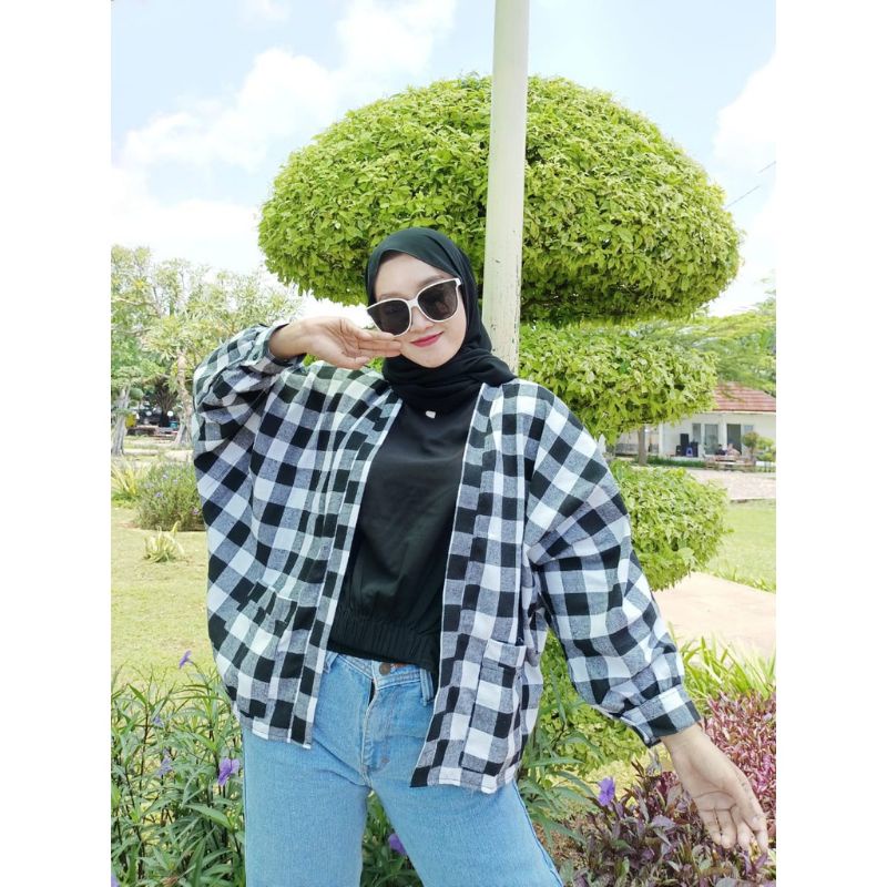 Outer Balon Flanel Premium Outer Ballon Grid Oversize Cardigan Terlaris