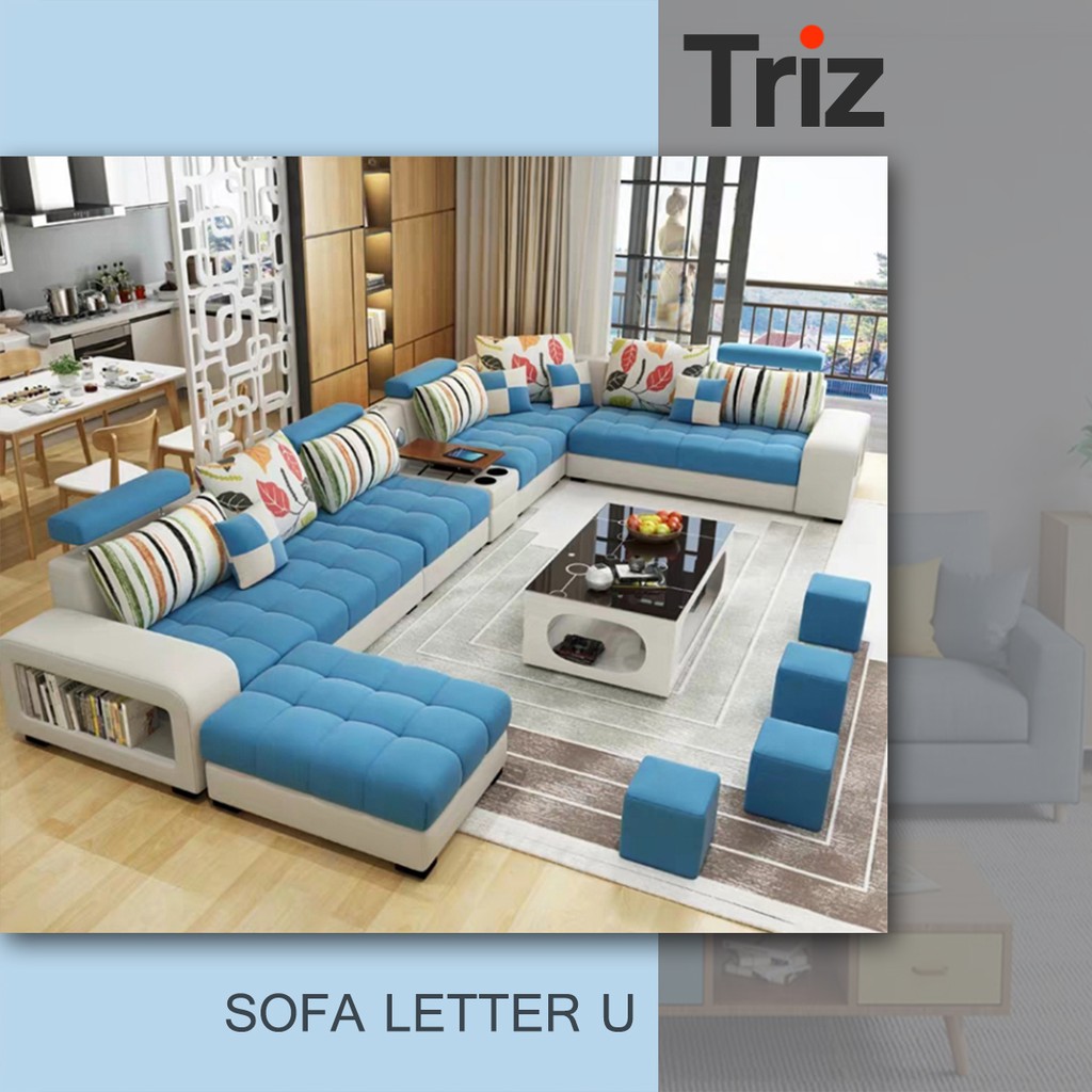 sofa letter u 7 seater furniture minimalis biru bahan midili bonus meja minimalis [Triz Furniture]