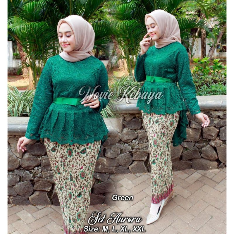 IndahKebaya | SETELAN KEBAYA AURORA BROKAT MIX ROK PLISKET TERLARIS / HIJAU / MOCCA COKSU / NAVY