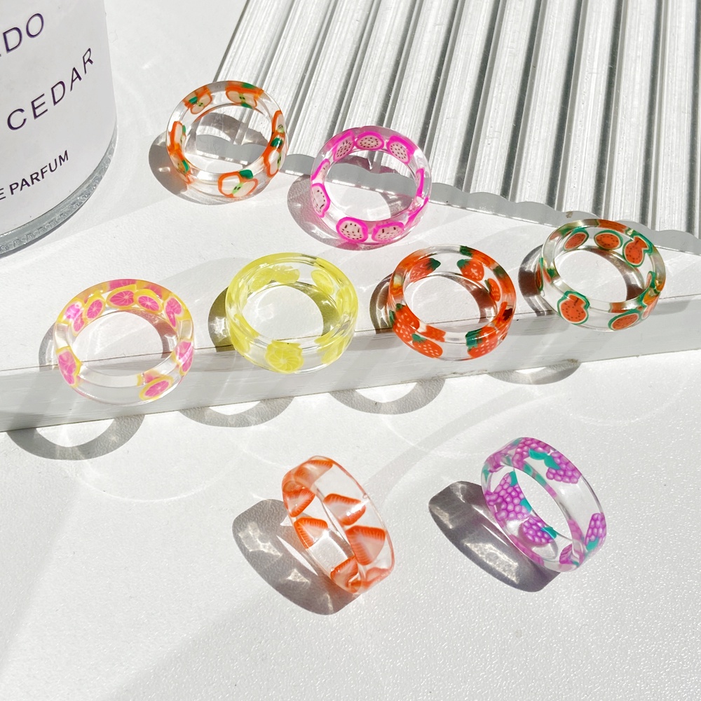 Fashion Colorful Transparent Fruits Pattern Resin Rings Female Geometric Round Lemon Strawberry Ring Jewelry Party Gifts