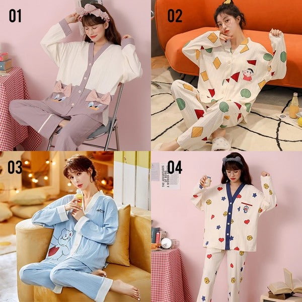 BARU LIN9078 Setelan Baju Tidur Panjang Wanita Kerah Kimono Bahan Katun Kaos Piyama Premium