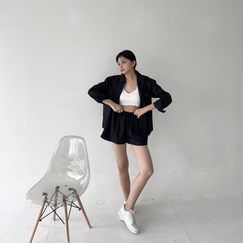 BLANC SET | Set Kemeja Wanita Panjang Setelan Celana Pendek Highwaist Short Oversized Korean Outer Shirt