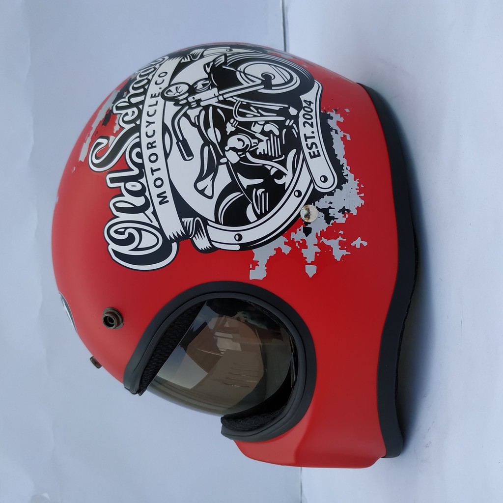 Helm Cakil HBC New Old School Red + Inner Visor ( Fullface / Retro / Klasik / Vespa )