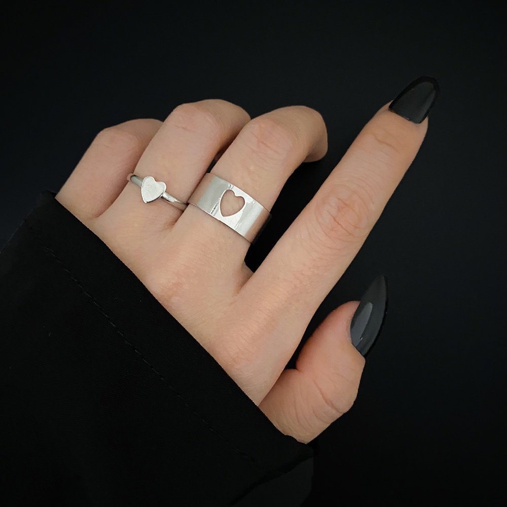 2pcs Cincin Pasangan Model Terbuka Dapat Disesuaikan Warna Silver Gaya Punk