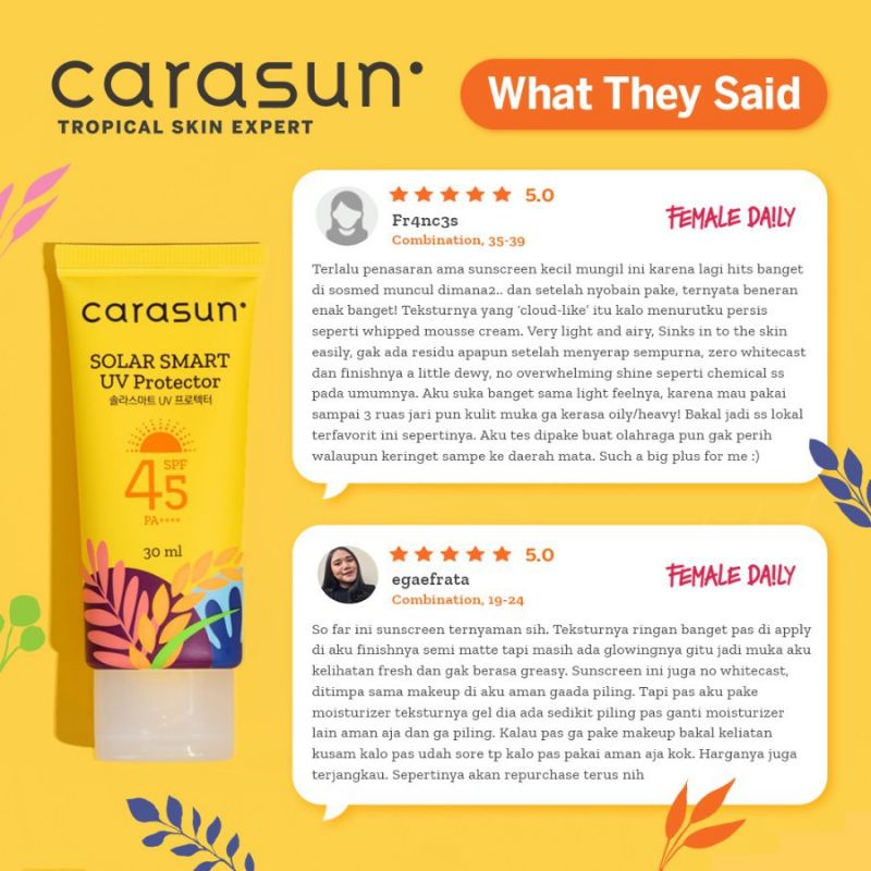 Carasun Solar Smart UV Protector SPF 45 PA++++/100% Original