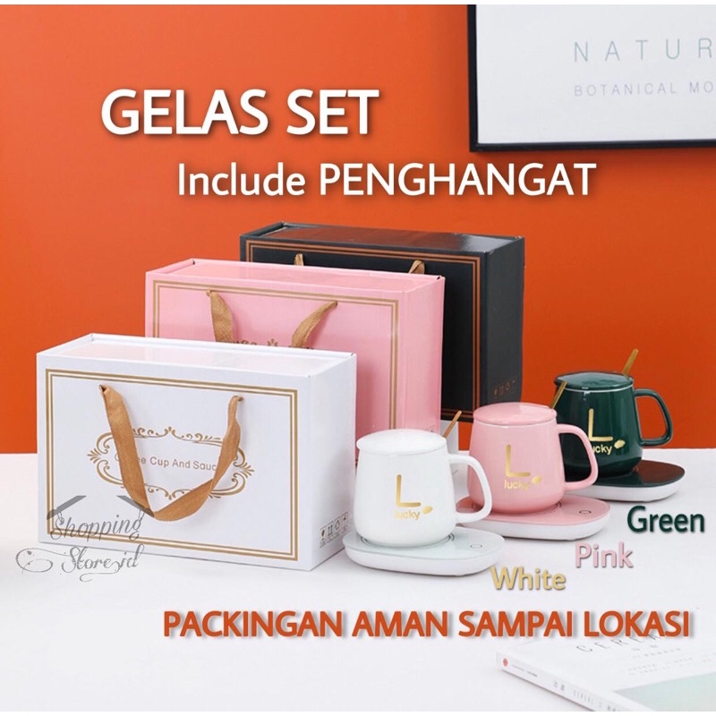 Gelas Set Keramik Cangkir set Lengkap Dengan Alat Pemanas Premium / Gelas Suhu / Gelas Penghangat