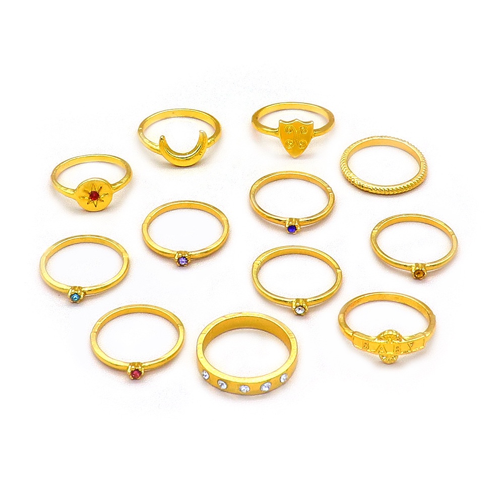 12 Pcs / set Cincin Emas Berlian Warna-Warni Bentuk Matahari Bulan Gaya Eropa Amerika