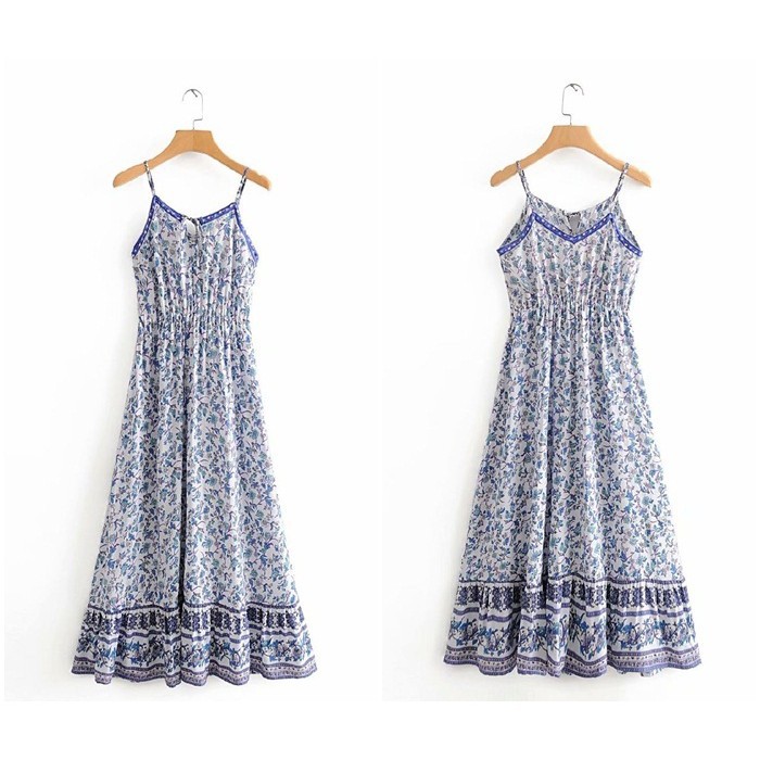 [baju wanita korea]  Summer Vintage Long Dress Maxi Pantai Wanita Korea Import