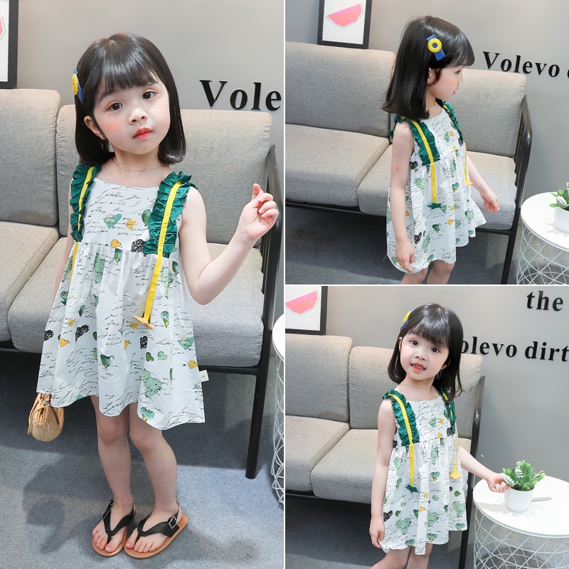 1-4 tahun pakaian anak-anak gadis daun print one-piece rompi rok rok putri musim panas anak-anak kecil