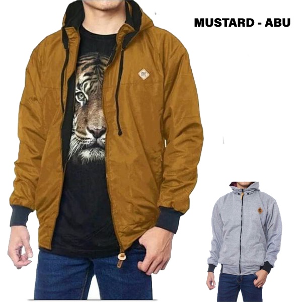 JAKET BOLAK BALIK PRIA BB 2in1 PARASUT ANTI AIR FLEECE SIZE M L XL-MUSTARD ABU