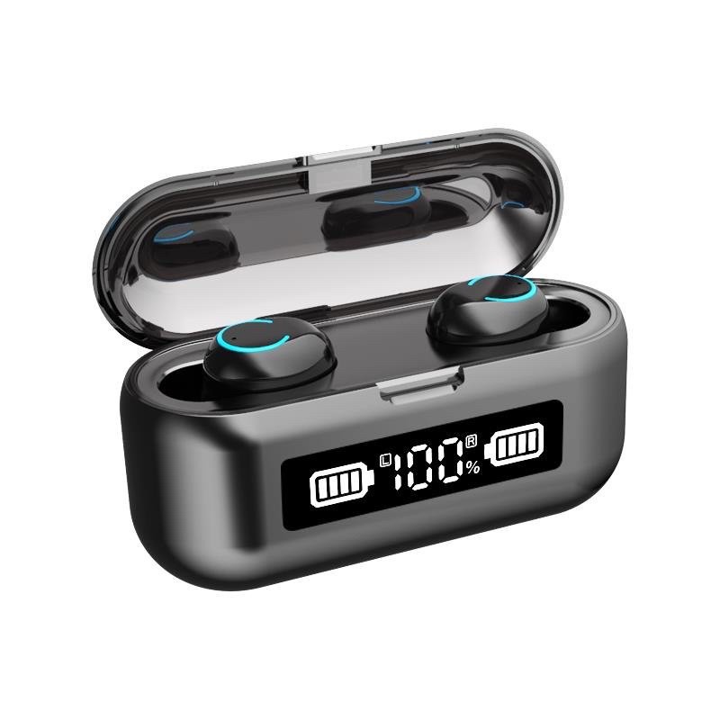 Q32 / F9 LED TWS Bluetooth Headset EDR Wireless Stereo Earbuds With Powerbank For IOS dan Android-F9-03 BLACK TOUCH