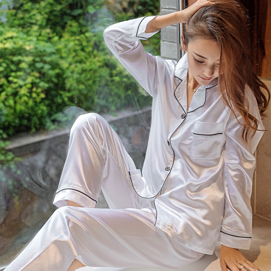 Lovera Baju Tidur Wanita Set Satin Model Kemeja Polos PP Celana Panjang Lengan Panjang