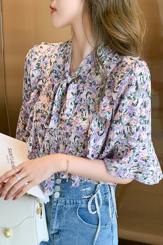 korea Blus Wanita Musim Panas Casual Blouse Motif Bunga Bahan Sifon Warna Pink atasan kemeja wanita