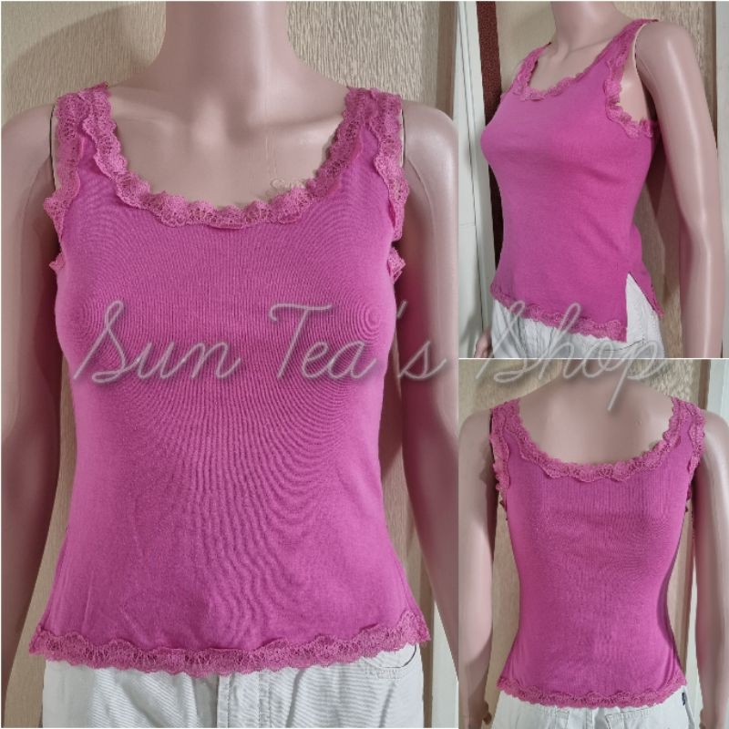 Pink fuschia sleeveless trim lace basic top