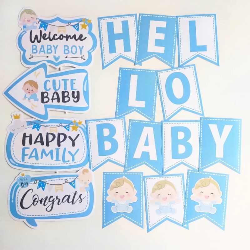 WELCOME HELLO BABY BOY BUNTING FLAG PROPS TEMPEL DEKORASI DINDING BACKDROP