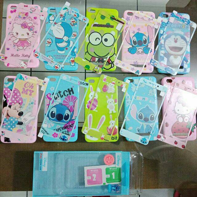 SOFTCASE JELLY CHARACTER PLUS TEMPERED GELAS  TIPE LENGKAP OPHONE OPPO VIVO XIOMI SAMSUNG