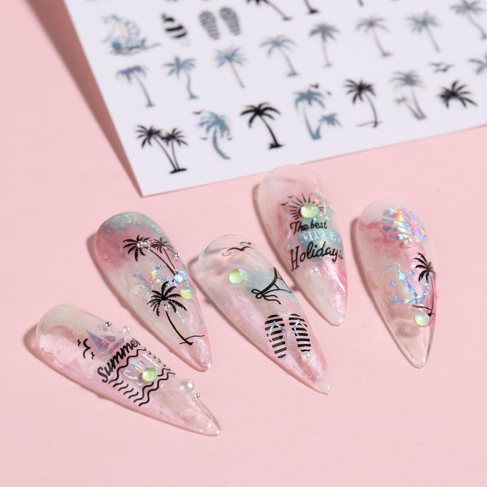 Mxbeauty Kartun Stiker Kuku 3D Musim Panas DIY Dekorasi Kuku Manicure Daun Mermaid Tanaman Nail Decal