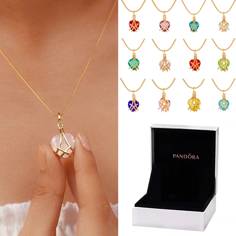 Pandora Kalung 18K Gold Hias Liontin Batu Kelahiran Bentuk Hati Untuk Wanita