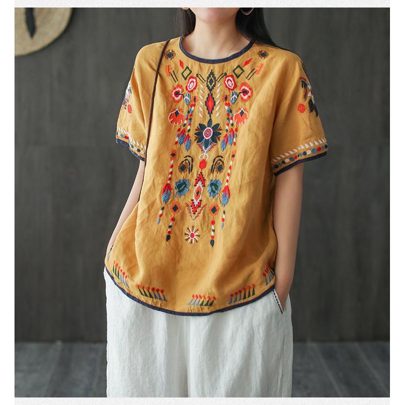 Fashion Musim Panas Katun Linen Bordir Blus Lengan Pendek