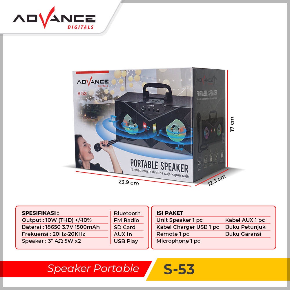 【READY STOCK】 Advance Speaker Bluetooth portable S53 Free Mic Karaoke/Salon Aktif Radio Fm Box Music/Speaker Aktif Portable