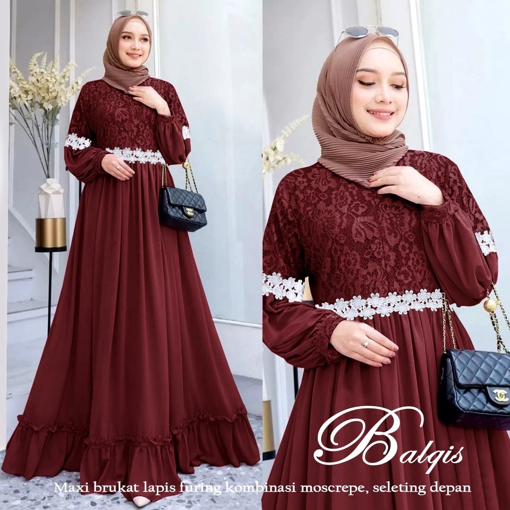 HOPYLOVY - Maxi Dress Brukat Kombinasi Renda Bunga Balqis