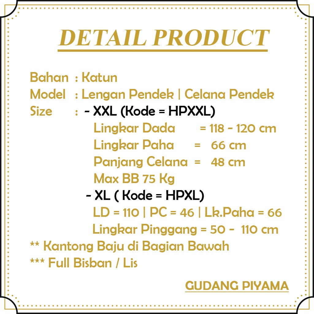 Setelan  Piyama Hotpants Celena Pendek Lengan Pendek Size Jumbo LD 110 - 120