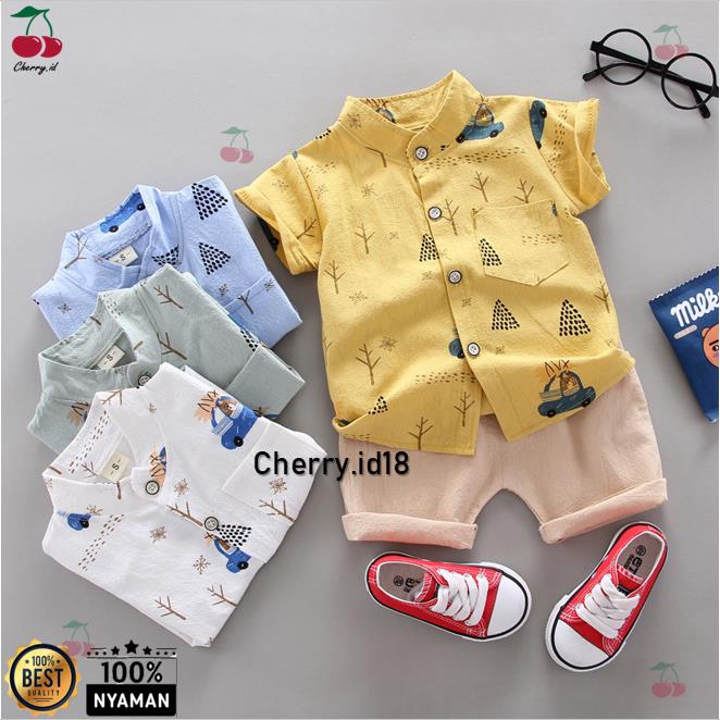 Cherry COD - Setelan Kemeja Anak Laki - Laki Import / Baju Anak / Baju Kemeja Anak Motif Bear KB16