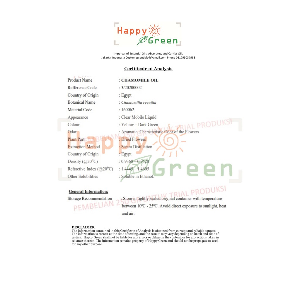 Happy Green Chamomile Egypt - Minyak Bunga Kamomile Mesir Murni 100%
