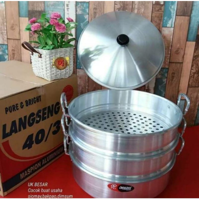 ( 4 kg ) Langseng steamer kukus kue susun 3 aluminum ukuran 40 cm Maspion .+ babble wrap+kardus